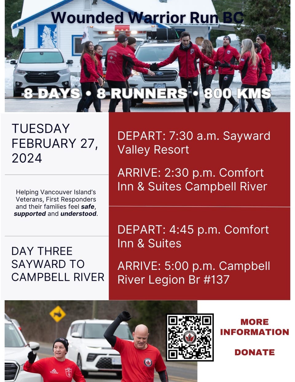 Wounded Warriors Run BC - Tuesday February 27, 2024 Day 3 Sayward to Campbell River