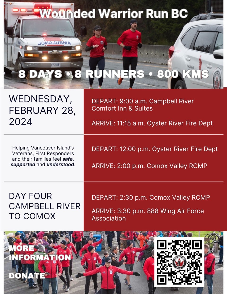 Wounded Warriors Run BC - Wednesday February 28, 2024 Day 4 Campbell River to Comox