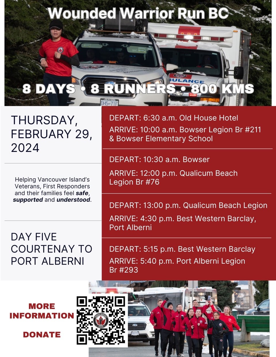 Wounded Warriors Run BC - Thursday February 29, 2024 Day 5 Courtenay to Port Alberni