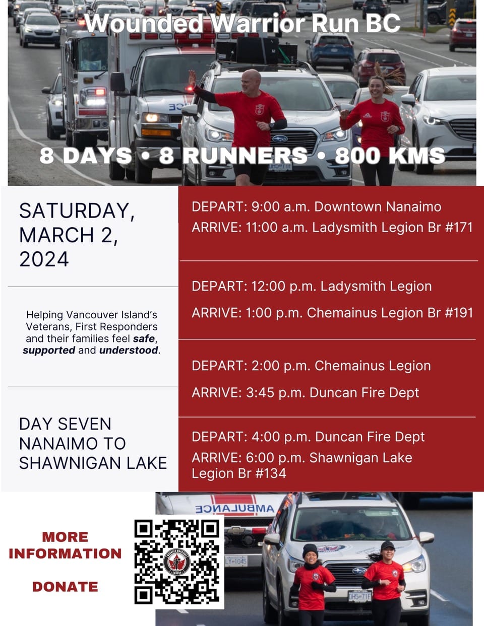 Wounded Warriors Run BC - Saturday March 2, 2024 Day 7 Nanaimo Lake to Shawnigan Lake