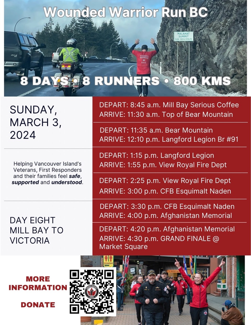 Wounded Warriors Run BC - Sunday March 3, 2024 Day 8 Mill Bay to Victoria